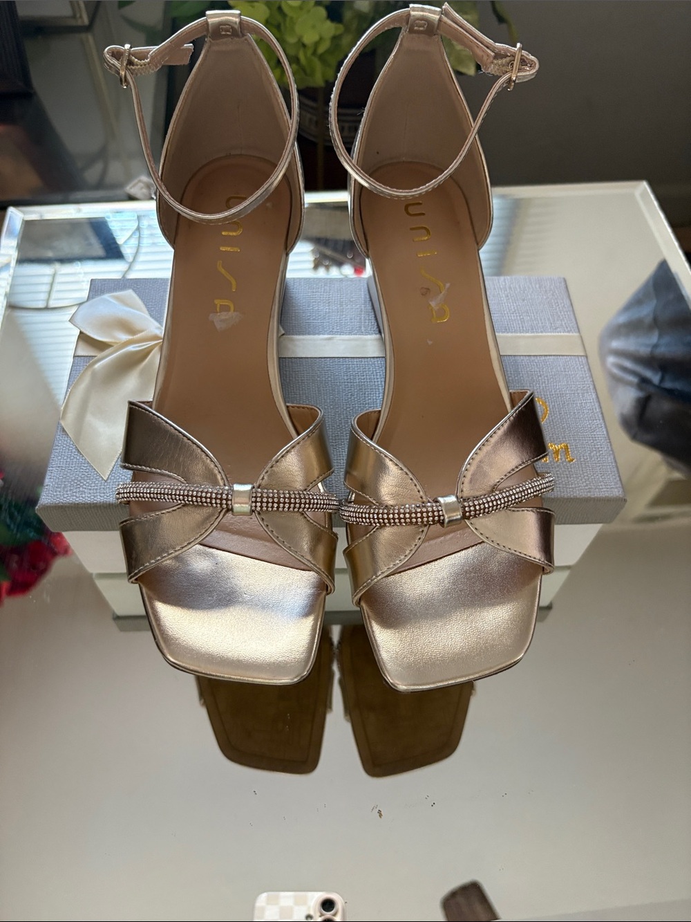Unisa Metallic Rose Gold Bow Ankle-Strap Heels
